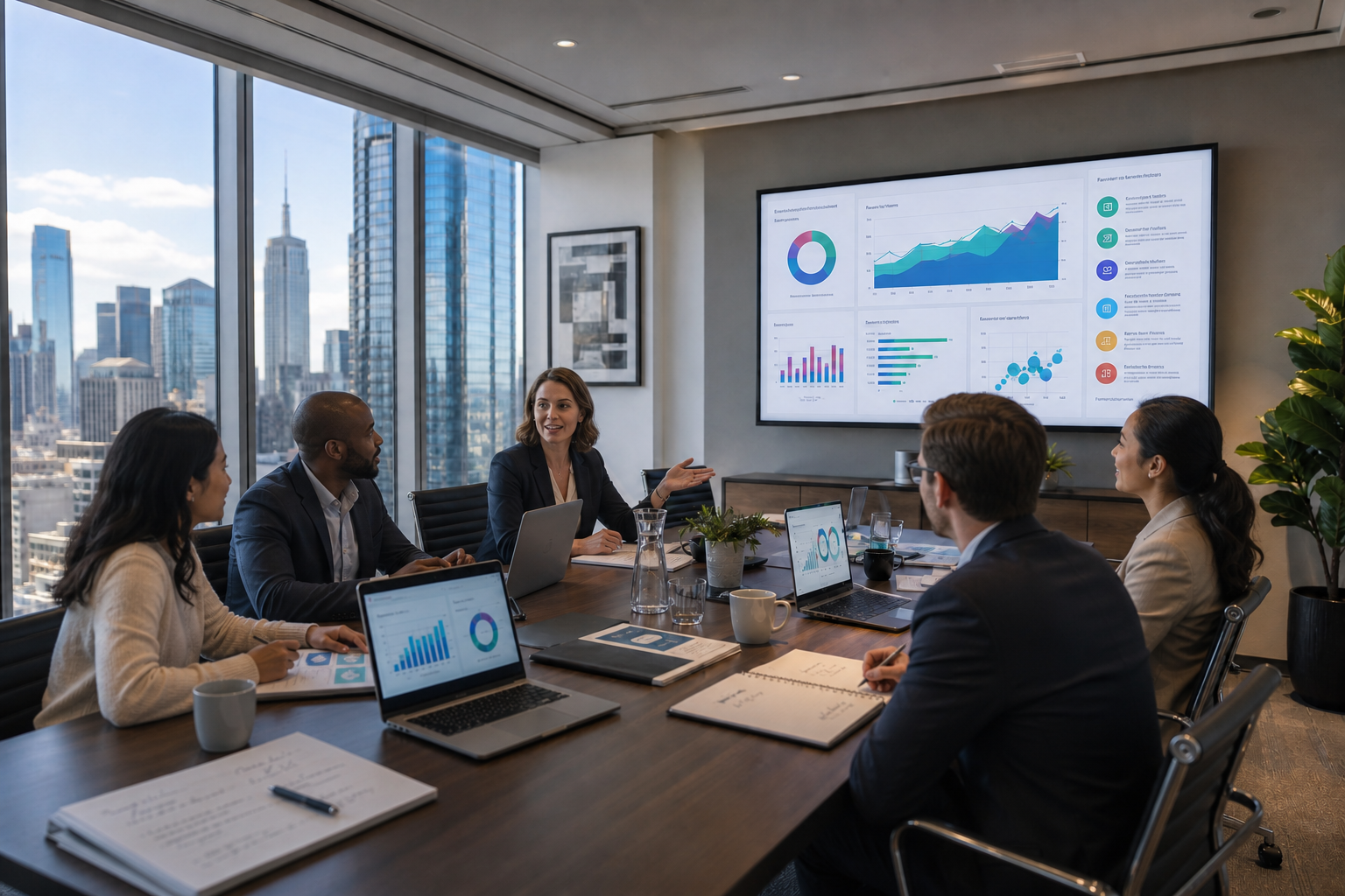 People in meeting room discussing data from pricing software.
