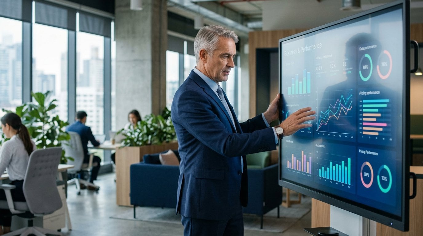 Businessman in front of dashboard with optimized prices